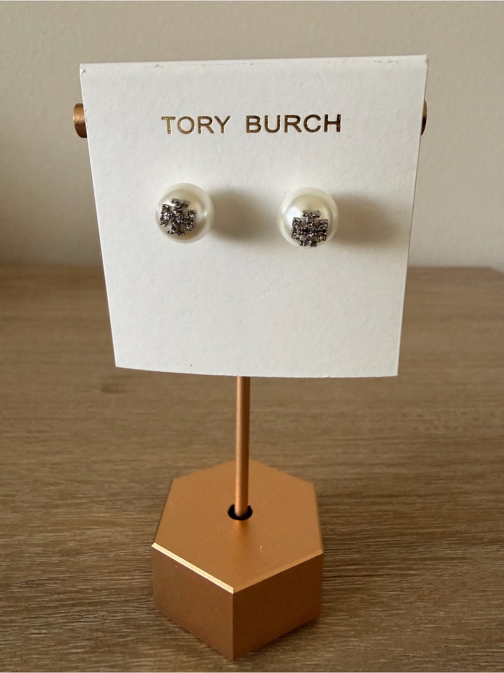 Tory Burch Moondance Faux Pearl Pavé Logo Stud Earrings Silver Tone New